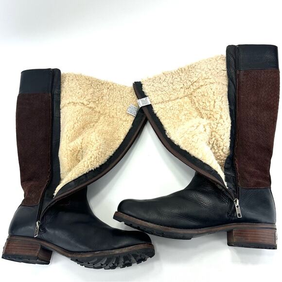 Ugg Australia Knee High Winter Boots Sz 11 Black Leather Brown Suede Wool Lining - Picture 6 of 15